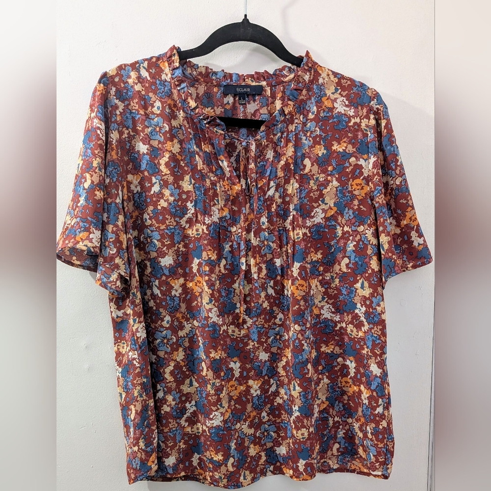 Eclair Floral Blouse with Blue and Orange Accents Large
